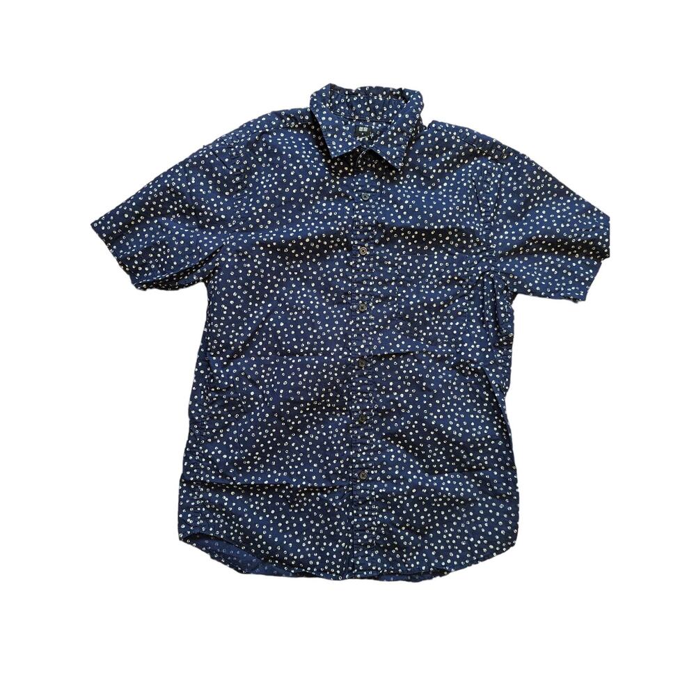 Uniqlo Shirt Men's Navy Polka Dot Cotton Button Up Size M